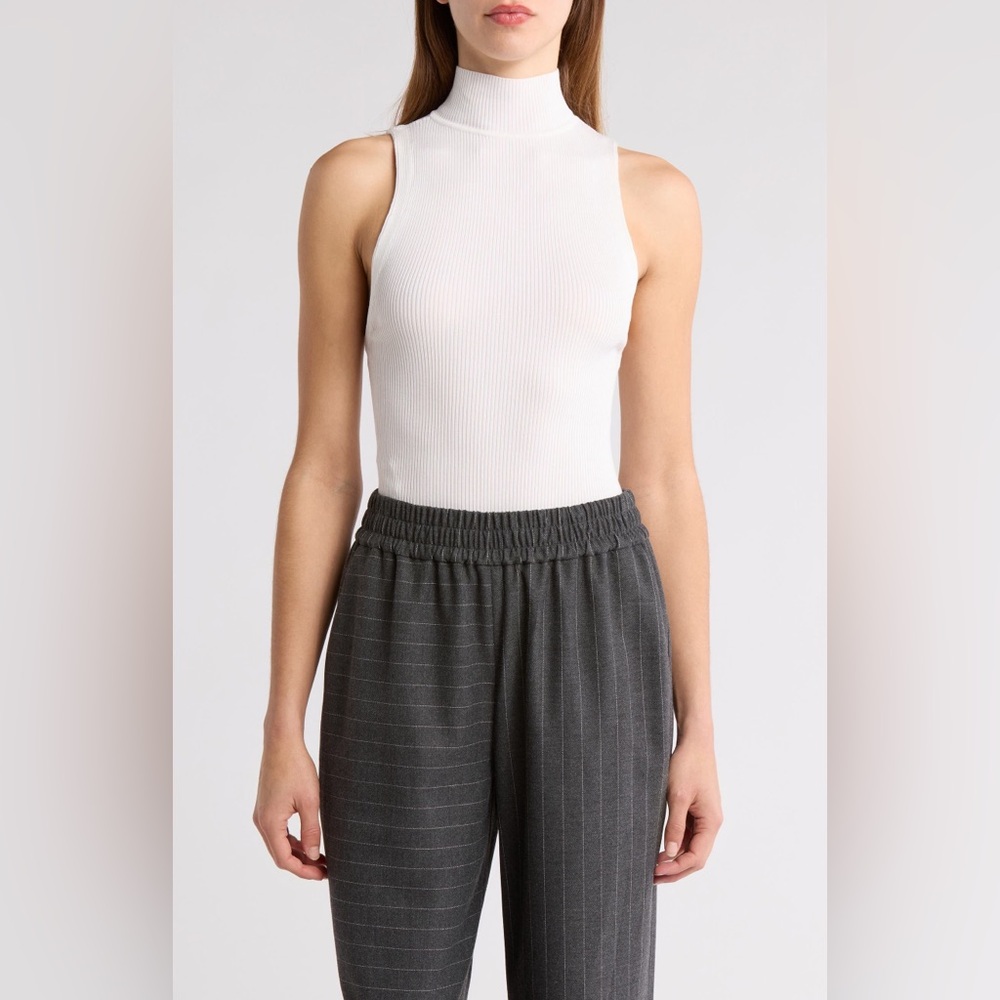 Alice + Olivia White Ribbed Mock Neck Sleeveless Top